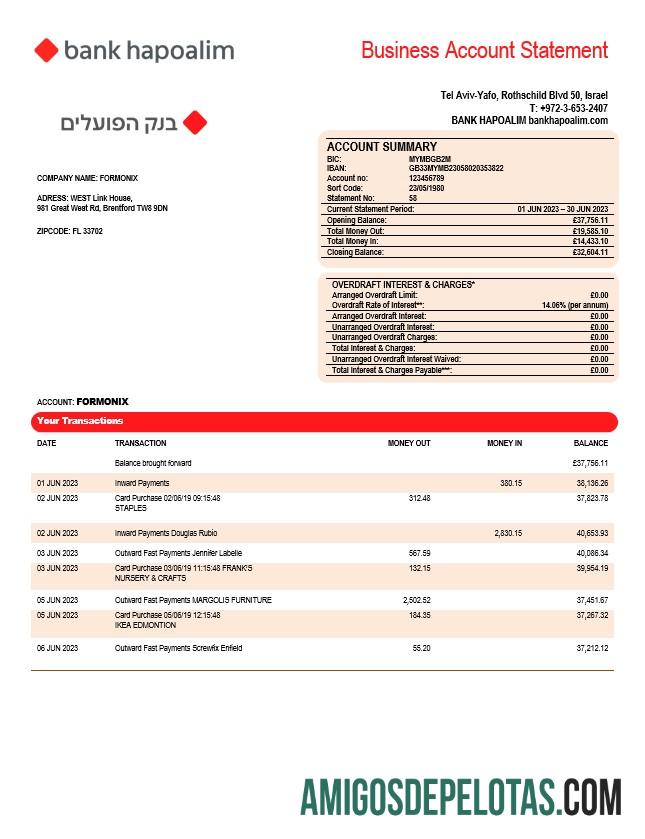Realista Bank Hapoalim Extrato de conta firme modelo Word e PDF